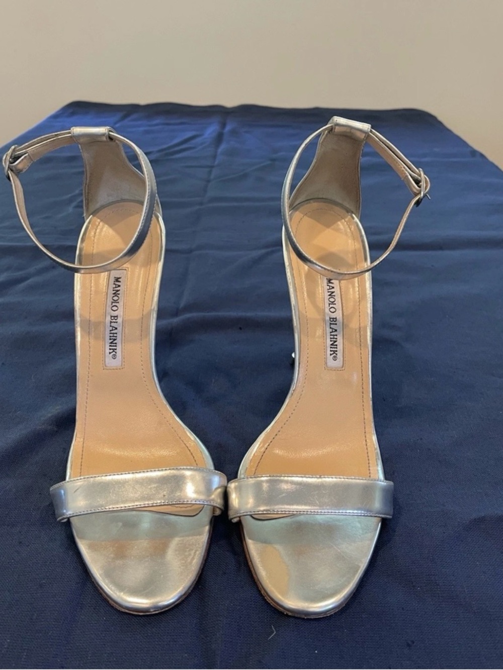 Manolo Blahnik Metallic Silver Ankle-Strap Heels